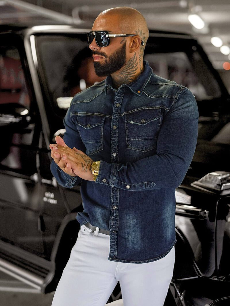 Moška jeans srajca temno-modra OZONEE O/51412