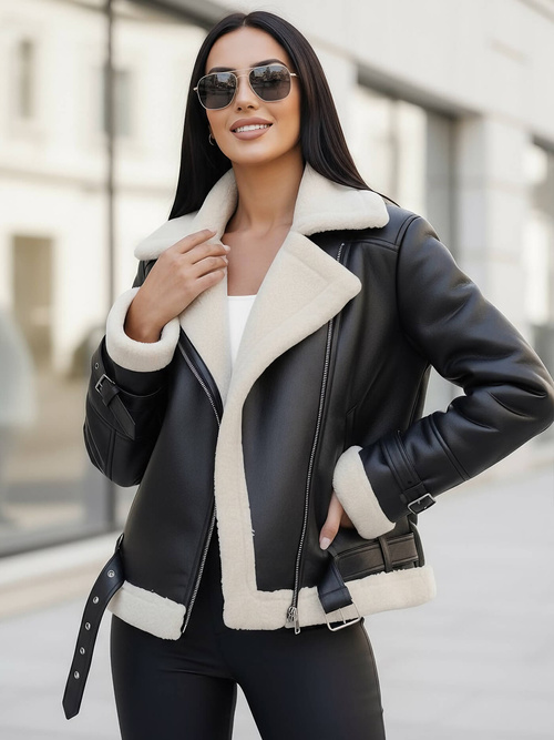 Ženska usnjena jakna črno-bela OZONEE JS/11Z8177Z