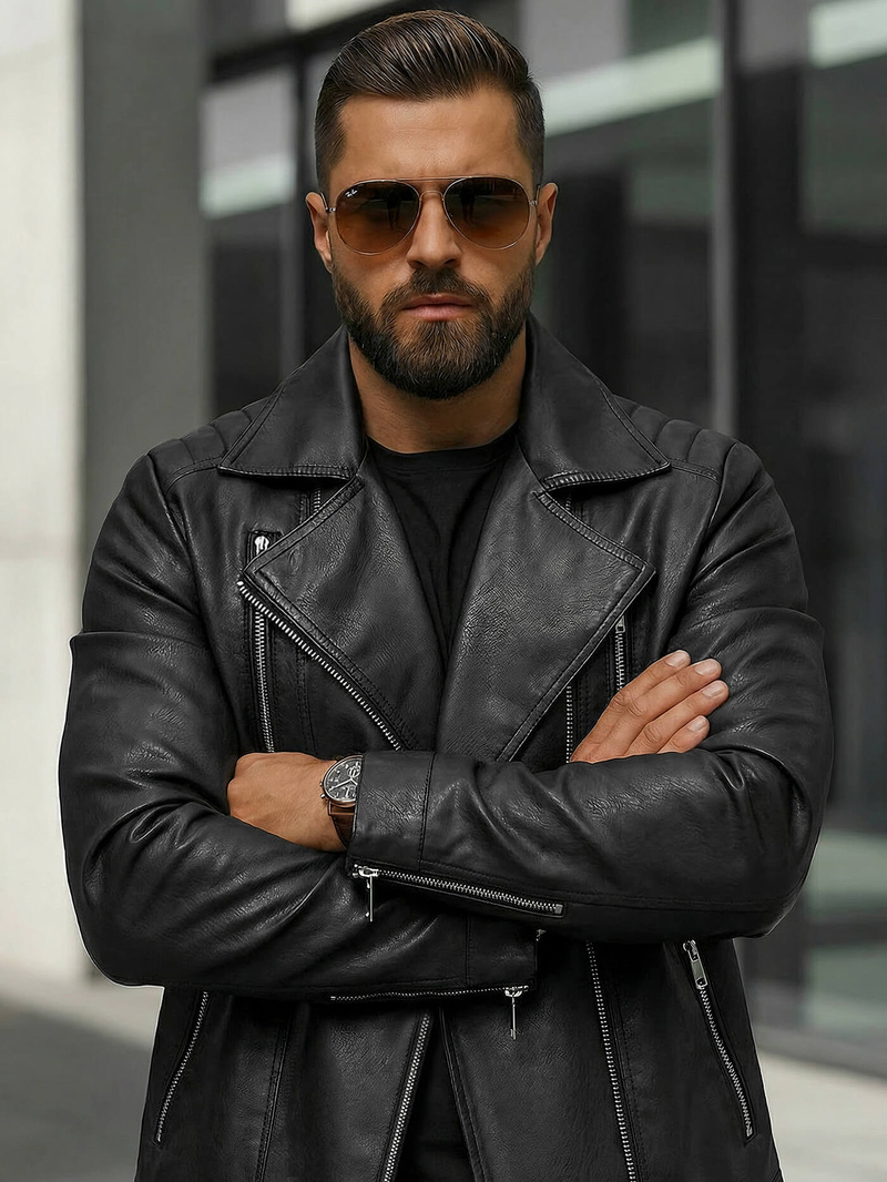 Moška usnjena jakna črna OZONEE JS/11Z8067Z