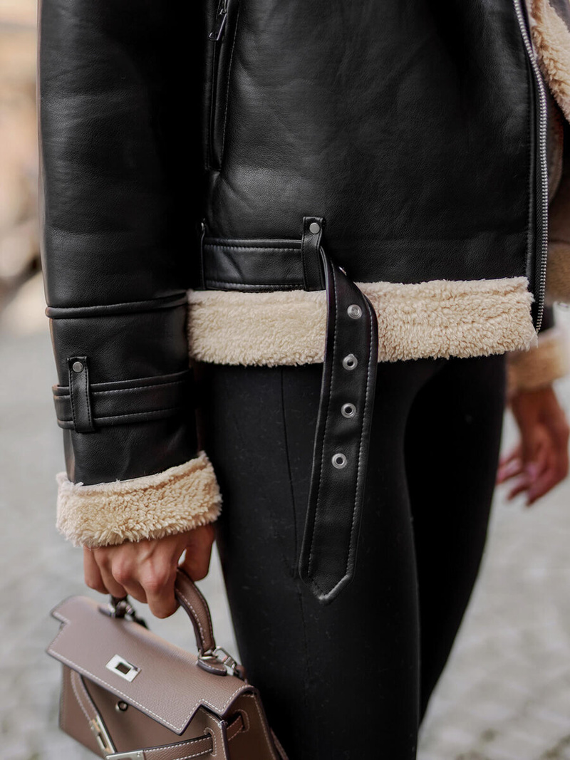 Ženska usnjena jakna črno-bež OZONEE JS/11Z8177