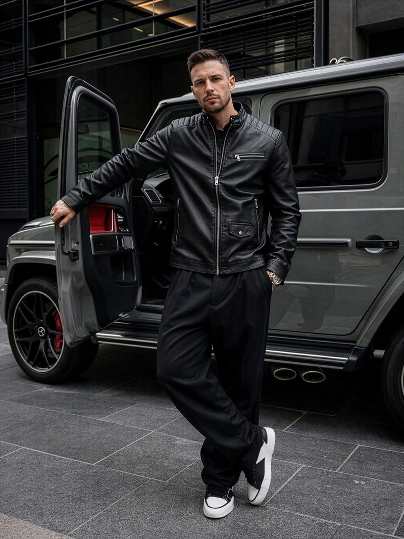 Moška usnjena jakna črna OZONEE JS/11Z8021