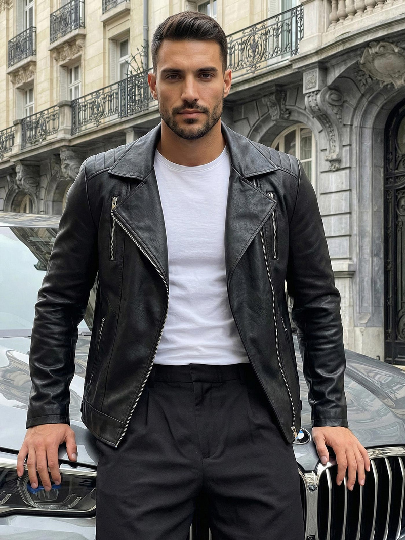 Moška usnjena jakna črna OZONEE JS/11Z8067Z