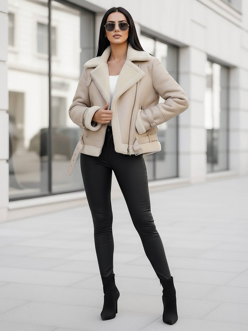 Ženska usnjena jakna bež OZONEE JS/11Z8177Z