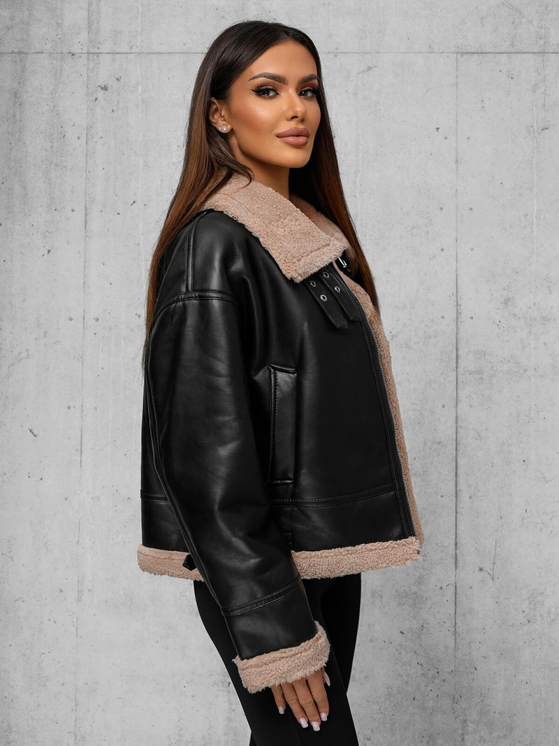 Ženska usnjena jakna črno-bež OZONEE JS/11Z8176Z