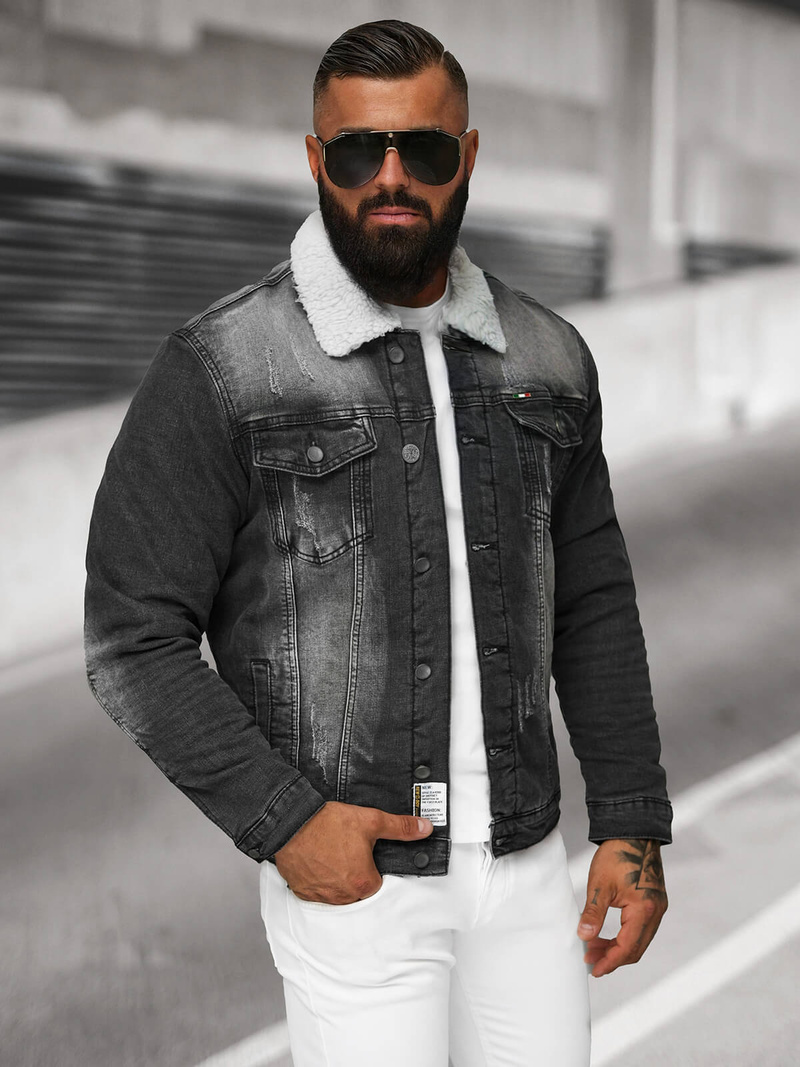 Moška jeans jakna šerpa črna OZONEE NB/MJ513N