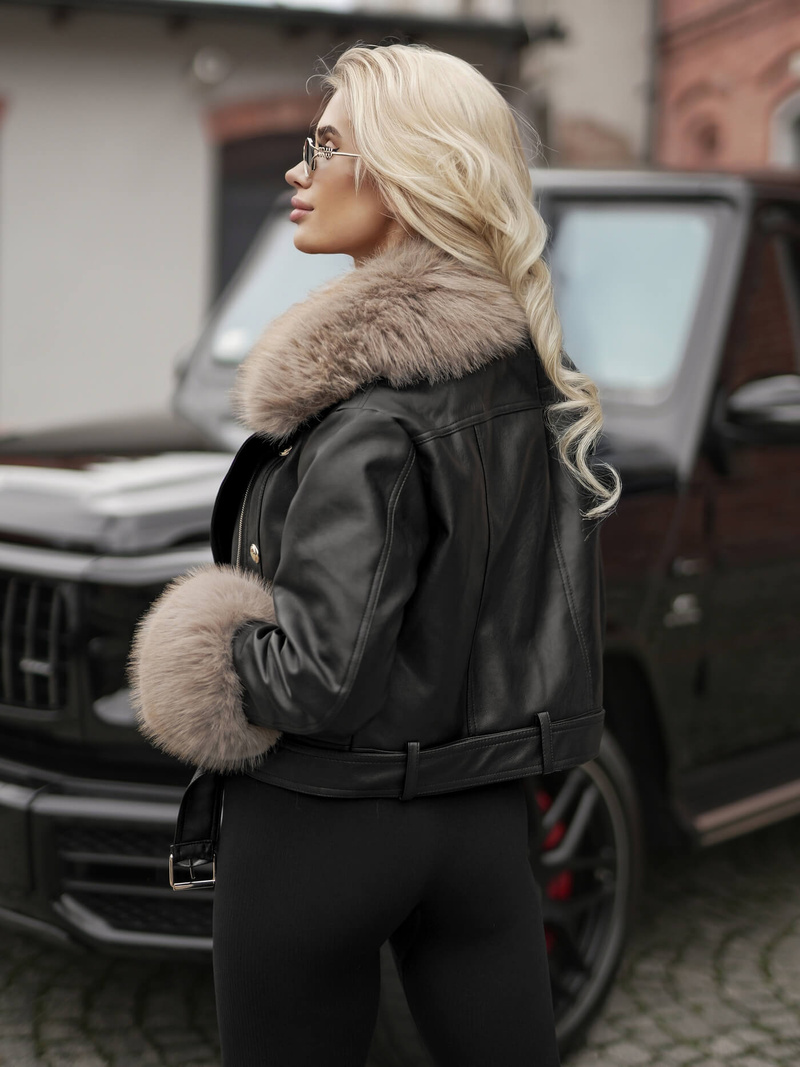 Ženska usnjena jakna črno-bež OZONEE JS/61M8512/392BZ