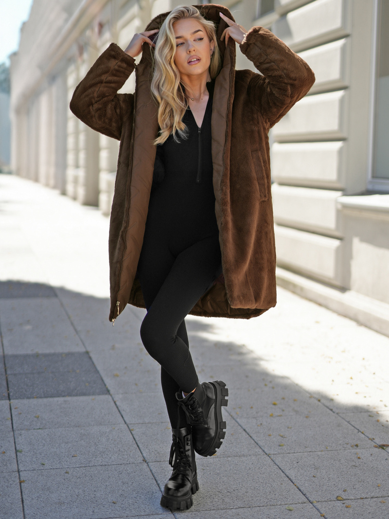 Ženska dolga zimska jakna čokolada OZONEE JS/5M3352/158