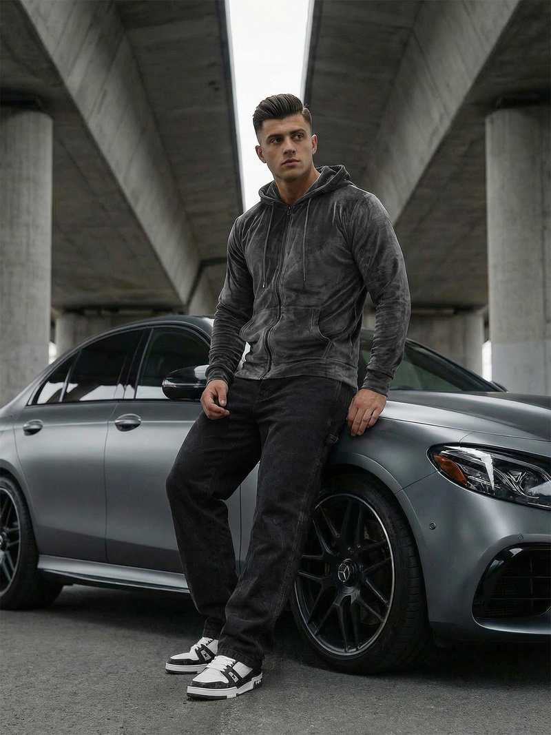 Moška iz velurja jopa s kapuco grafitna OZONEE JS/8B1168/6Z