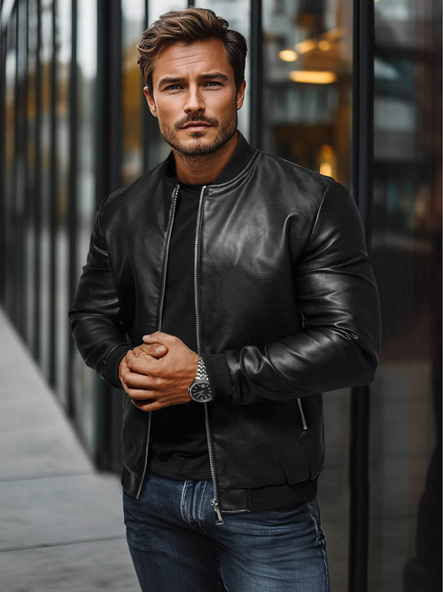 Moška usnjena jakna črna OZONEE JS/11Z8106Z