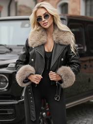 Ženska usnjena jakna črno-bež OZONEE JS/61M8512/392BZ