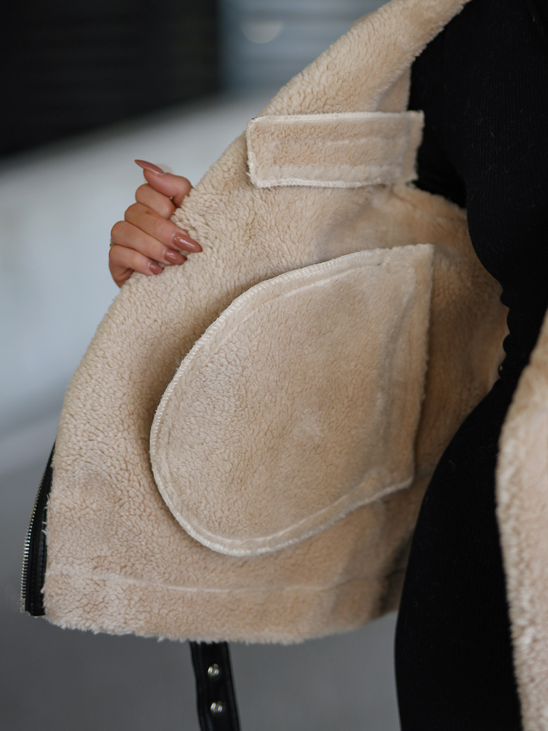 Ženska usnjena jakna črno-bež OZONEE JS/11Z8177Z