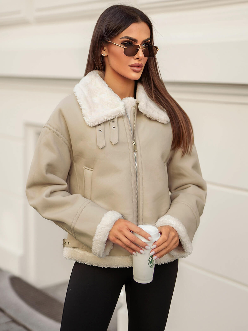 Ženska usnjena jakna bež OZONEE JS/11Z8178