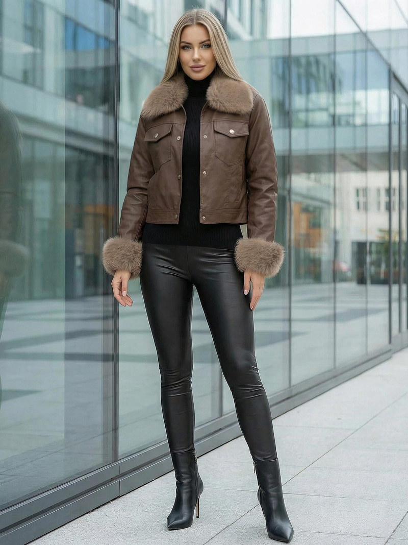 Ženska usnjena jakna čokolada OZONEE JS/61M8513/158