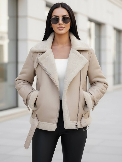 Ženska usnjena jakna bež OZONEE JS/11Z8177Z