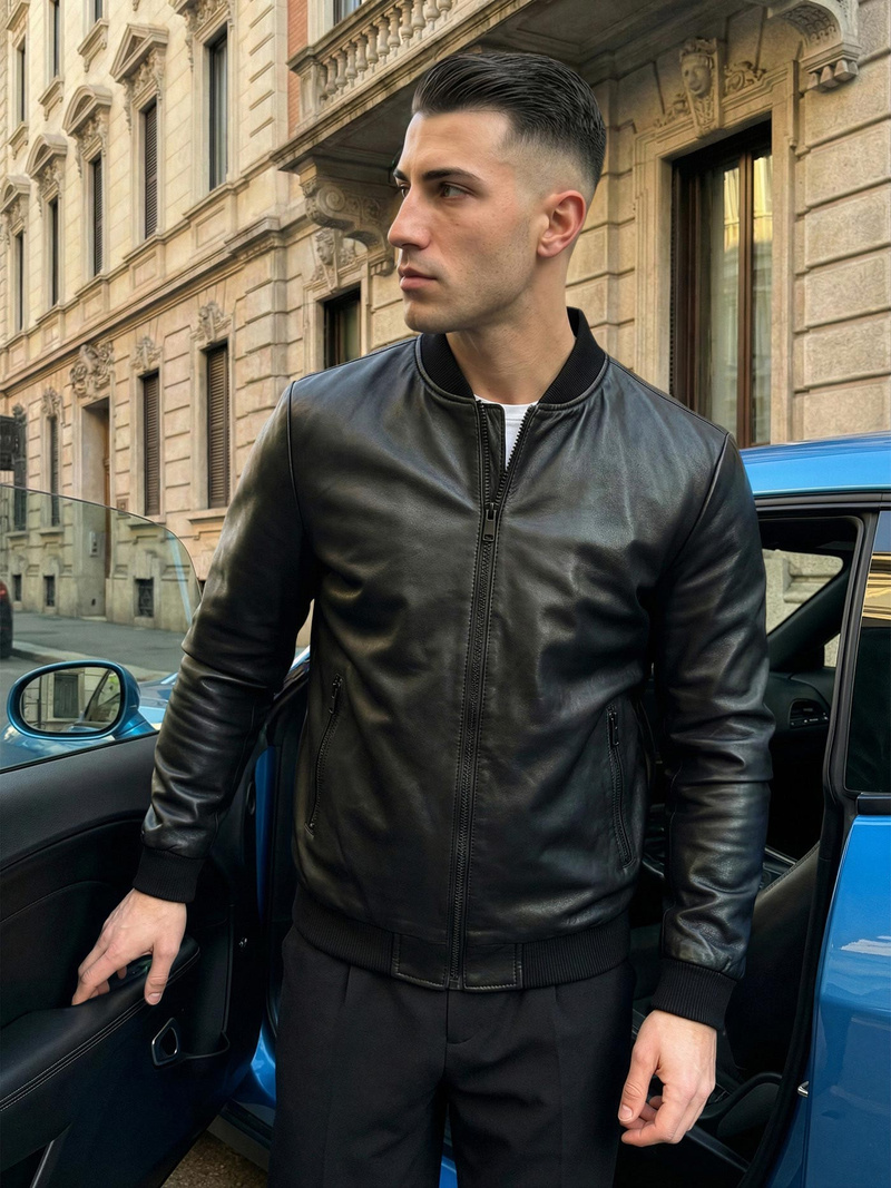 Moška usnjena jakna črna OZONEE JS/11Z8105Z