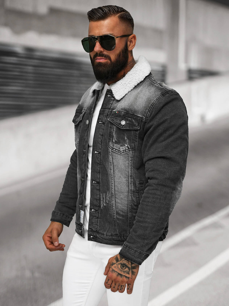 Moška jeans jakna šerpa črna OZONEE NB/MJ513N