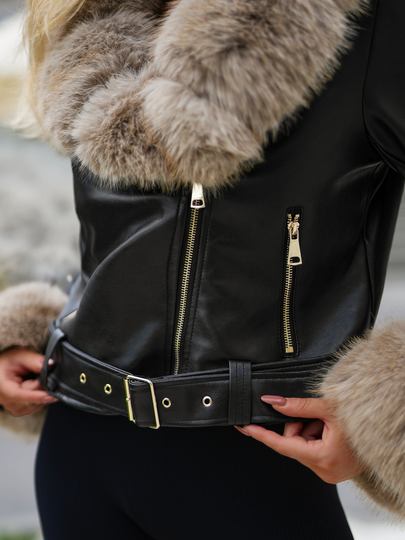 Ženska usnjena jakna črno-bež OZONEE JS/61M8511/392B