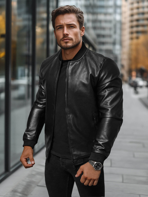 Moška usnjena jakna črna OZONEE JS/11Z8105Z