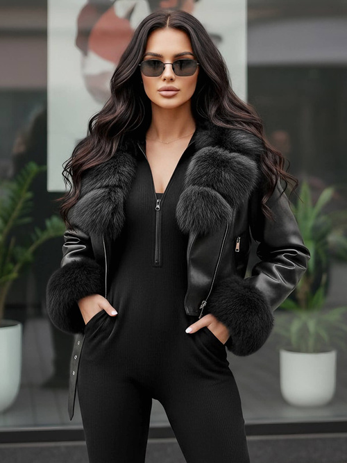 Ženska usnjena jakna črna OZONEE JS/61M8511/392AZ