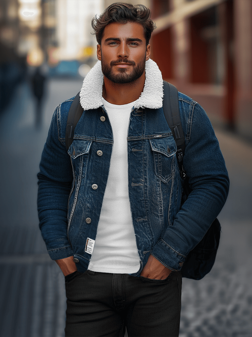 Moška jeans jakna šerpa temno-modra OZONEE NB/MJ516BSZ