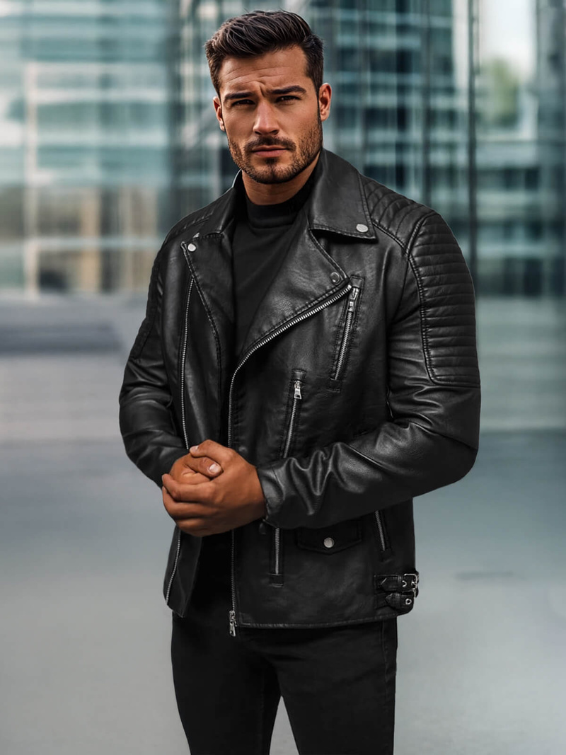 Moška usnjena jakna črna OZONEE JS/11Z8026Z