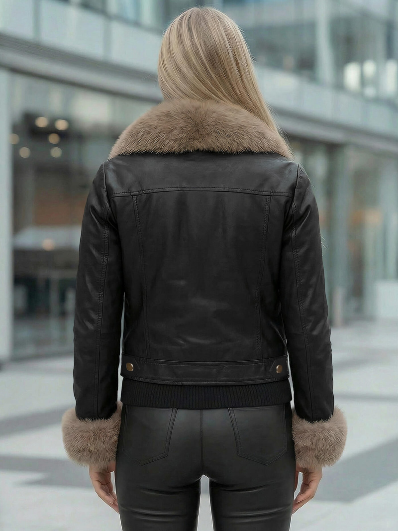 Ženska usnjena jakna črno-bež OZONEE JS/61M8513/392B