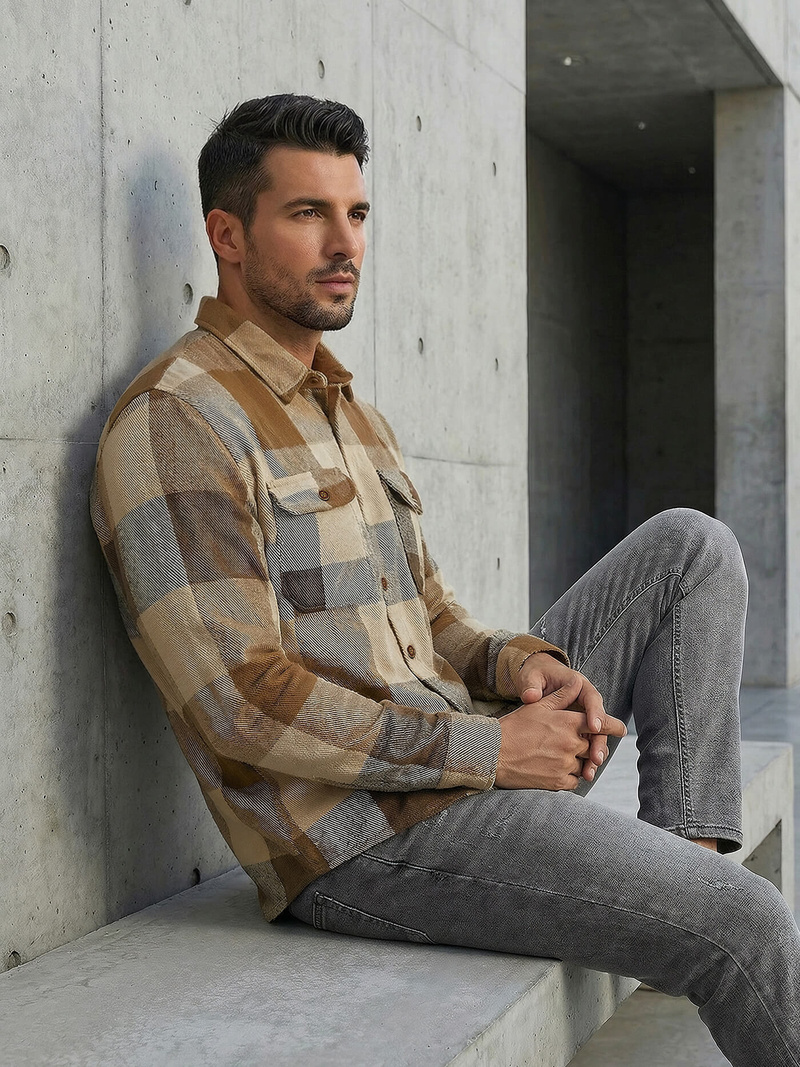 Moška karirasta srajca camel OZONEE NB/MC728KZ