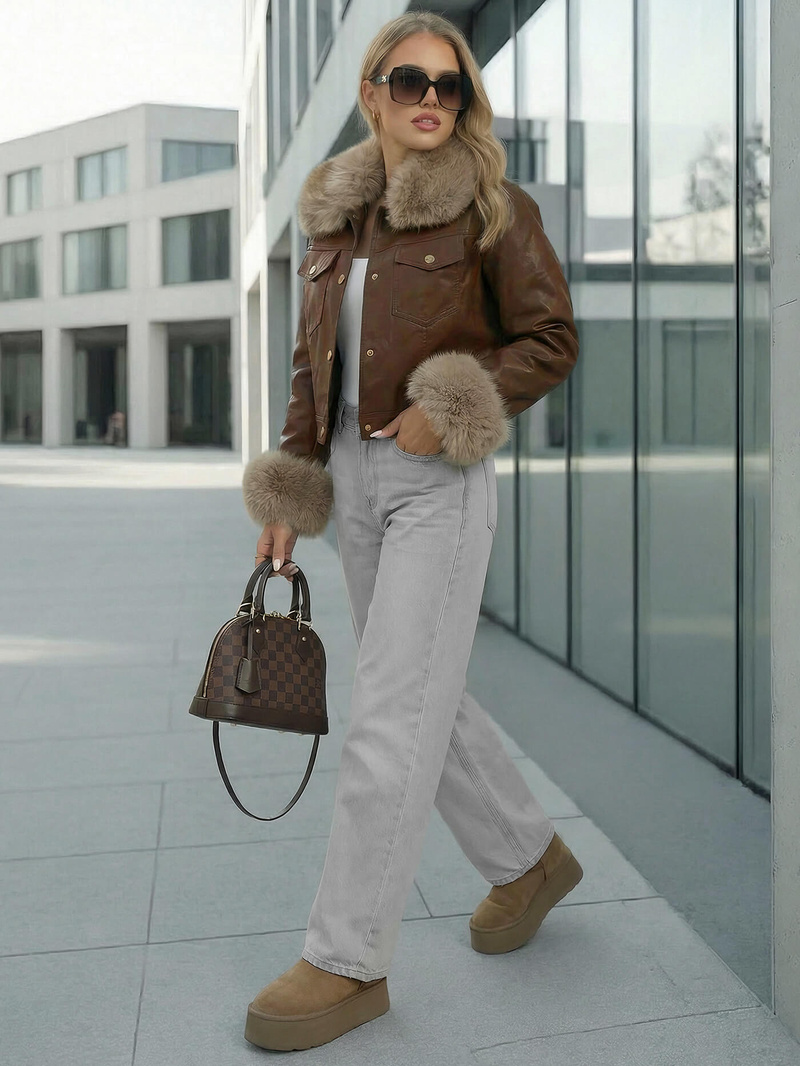 Ženska usnjena jakna čokolada OZONEE JS/61M8513/158