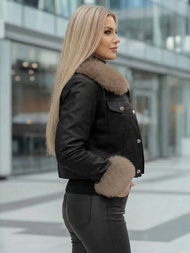 Ženska usnjena jakna črno-bež OZONEE JS/61M8513/392B