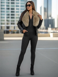 Ženska usnjena jakna črno-bež OZONEE JS/61M8508/392BZ