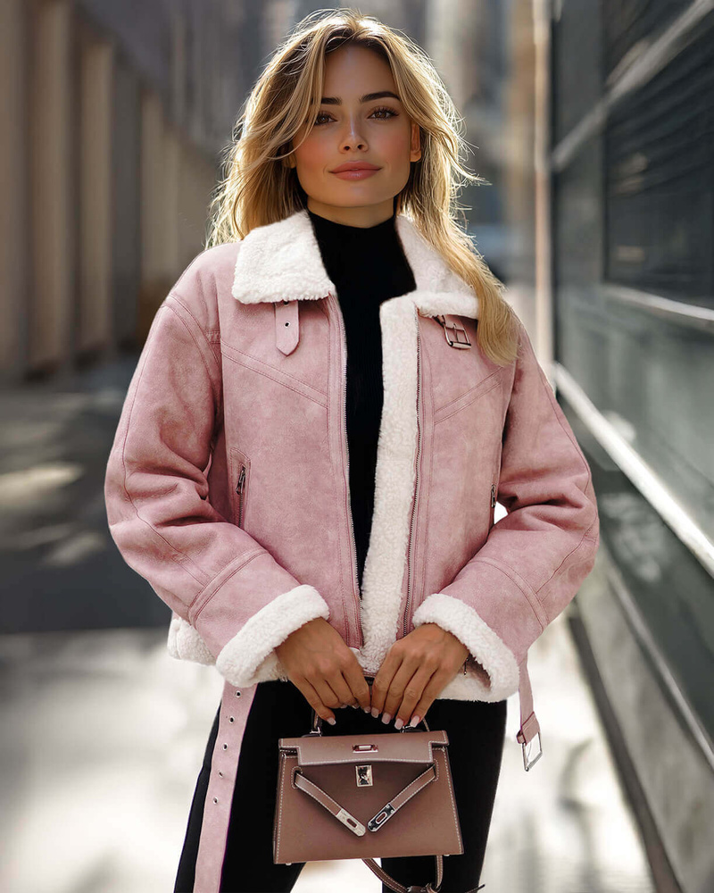 Ženska usnjena jakna praškasto roza OZONEE O/81331Z