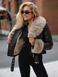 Ženska usnjena jakna črno-bež OZONEE JS/61M8511/392B