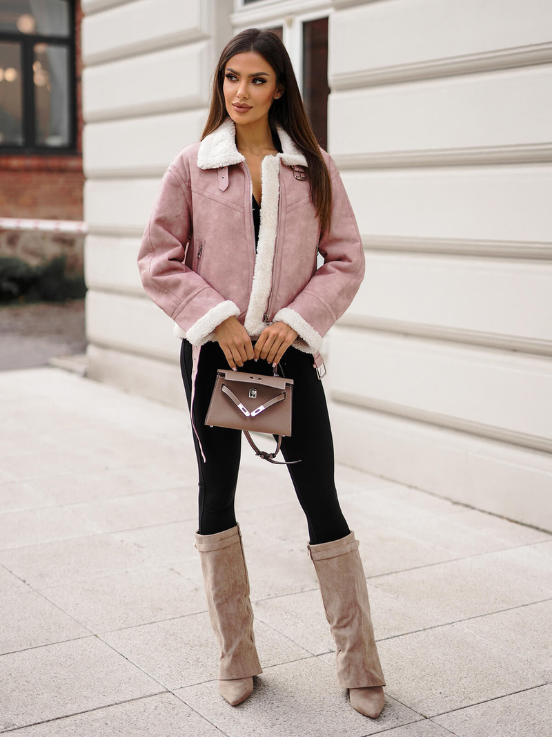 Ženska usnjena jakna praškasto roza OZONEE O/81331