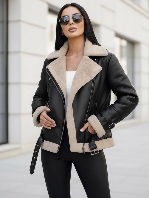 Ženska usnjena jakna črno-bež OZONEE JS/11Z8177Z