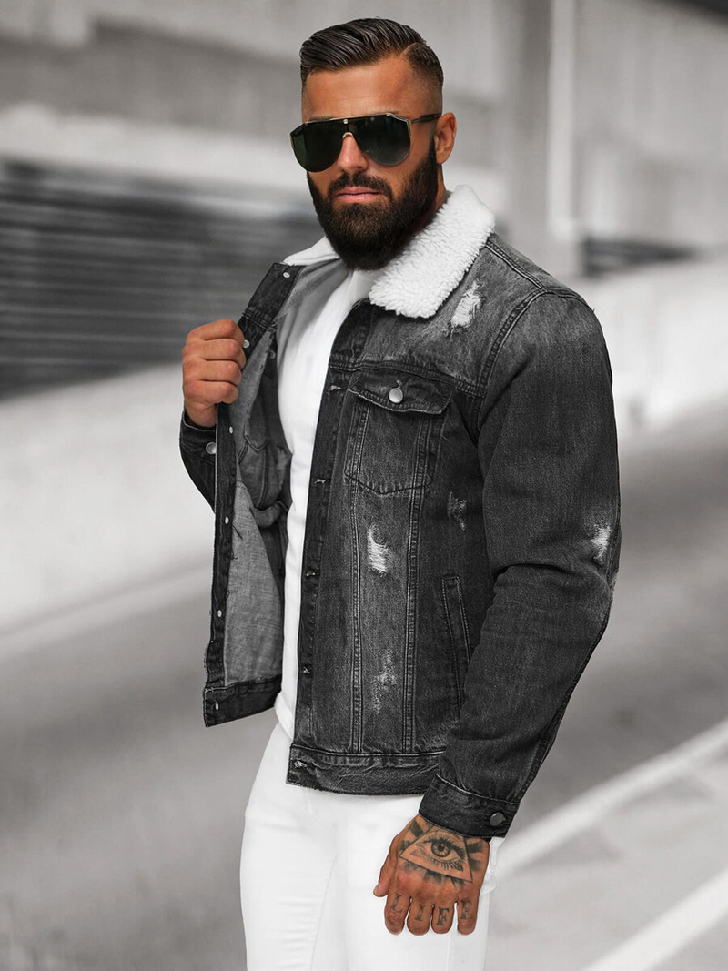 Moška jeans jakna šerpa črna OZONEE NB/MJ502NZ