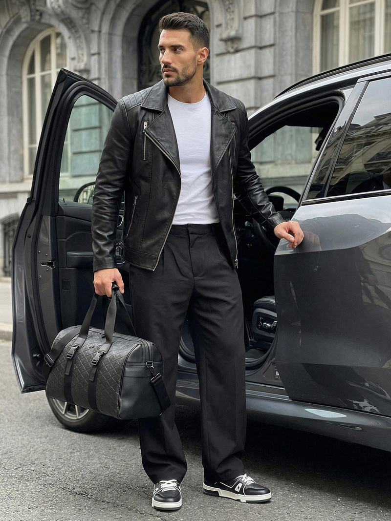 Moška usnjena jakna črna OZONEE JS/11Z8067Z