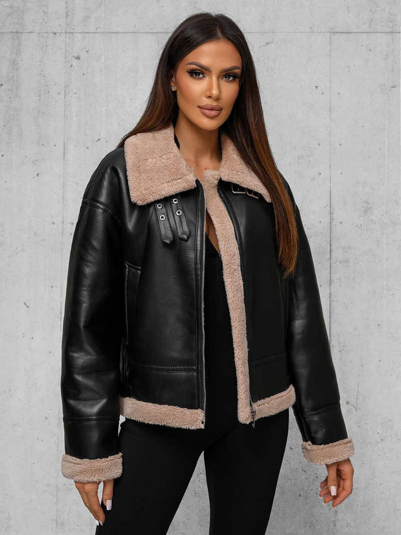 Ženska usnjena jakna črno-bež OZONEE JS/11Z8176Z