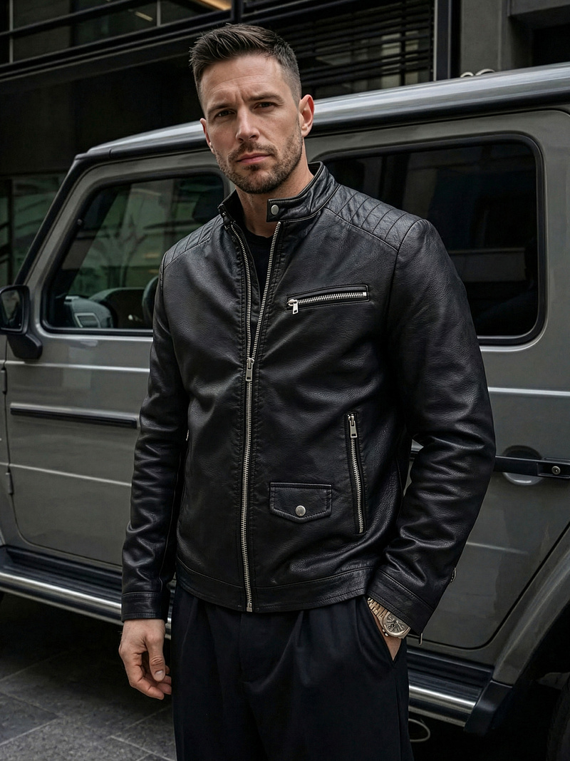 Moška usnjena jakna črna OZONEE JS/11Z8021