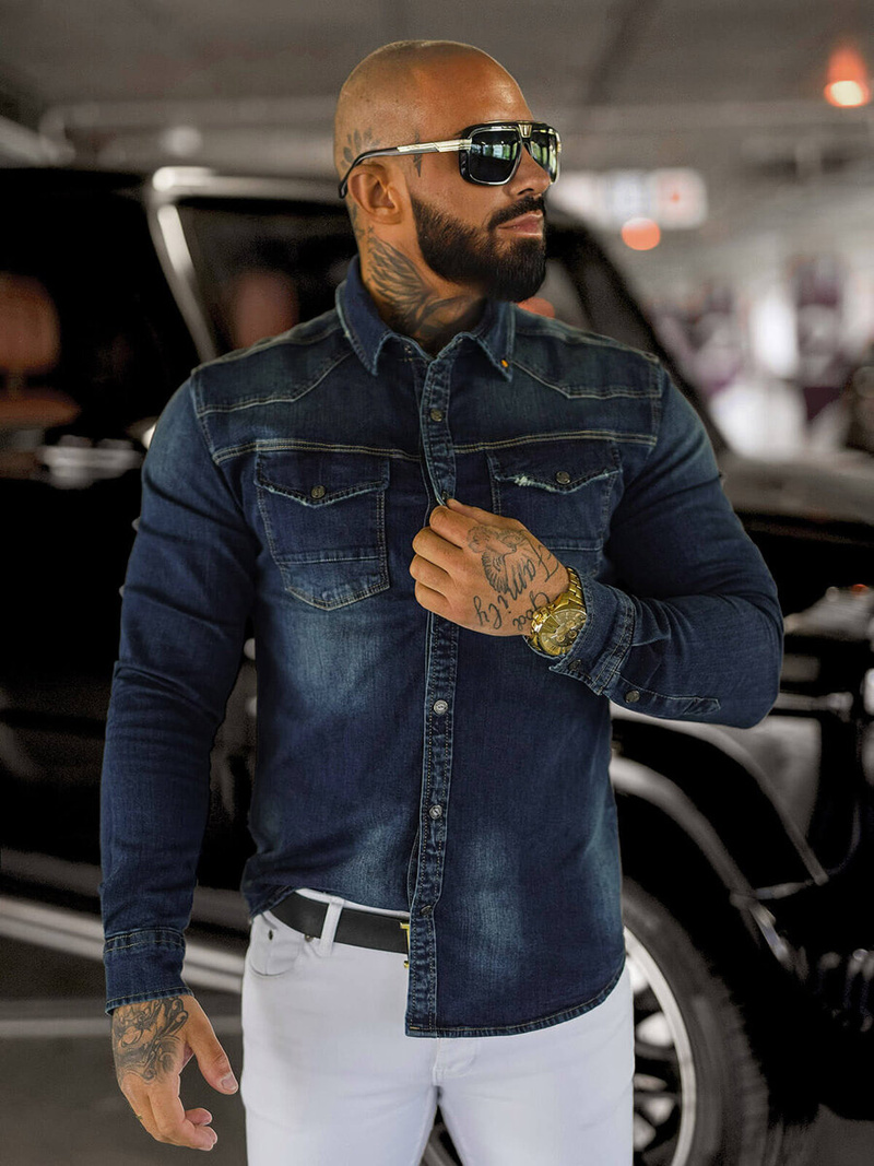 Moška jeans srajca temno-modra OZONEE O/51412