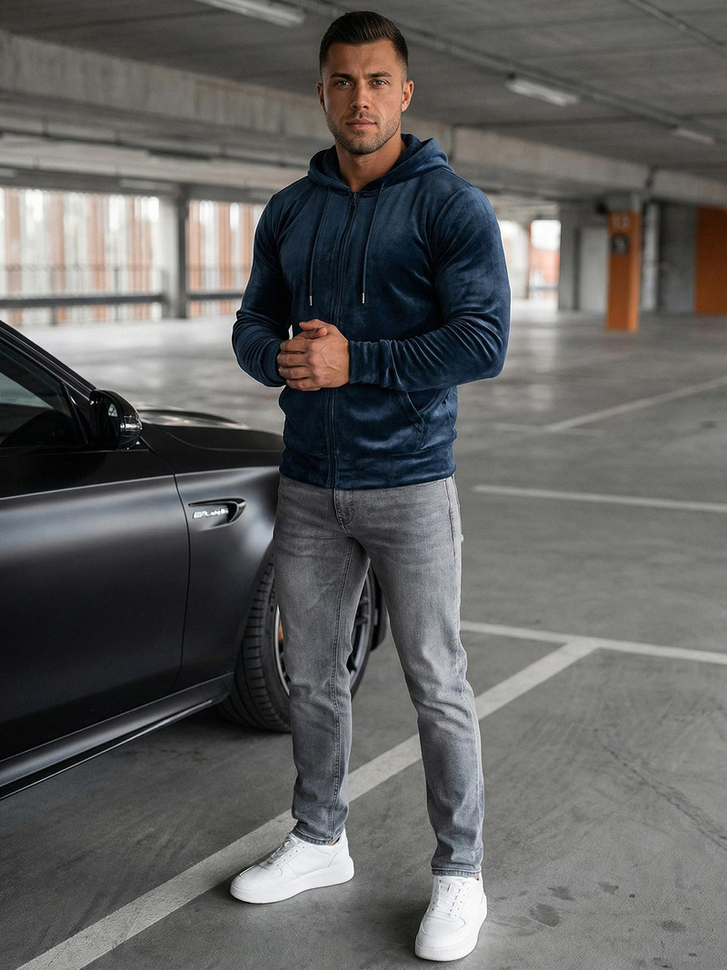 Moška iz velurja jopa s kapuco mornarsko modri OZONEE JS/8B1168/25Z