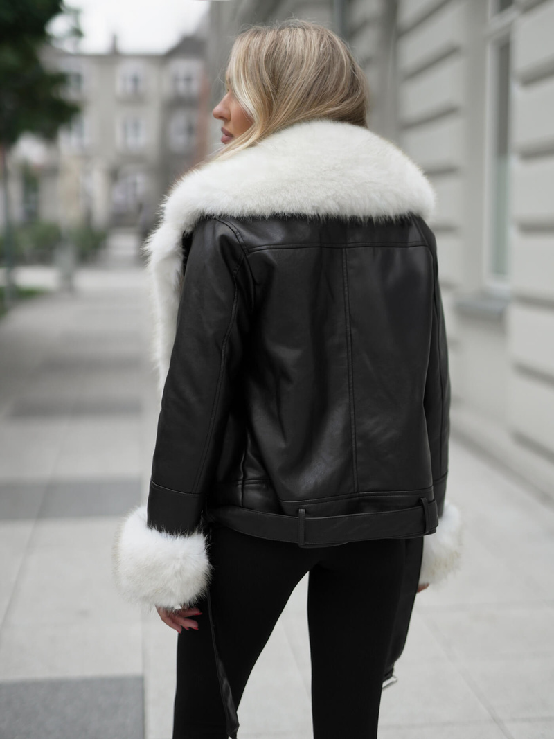 Ženska usnjena jakna črno-bež OZONEE JS/61M8507/392BZ