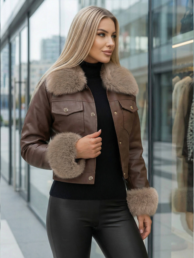 Ženska usnjena jakna čokolada OZONEE JS/61M8513/158