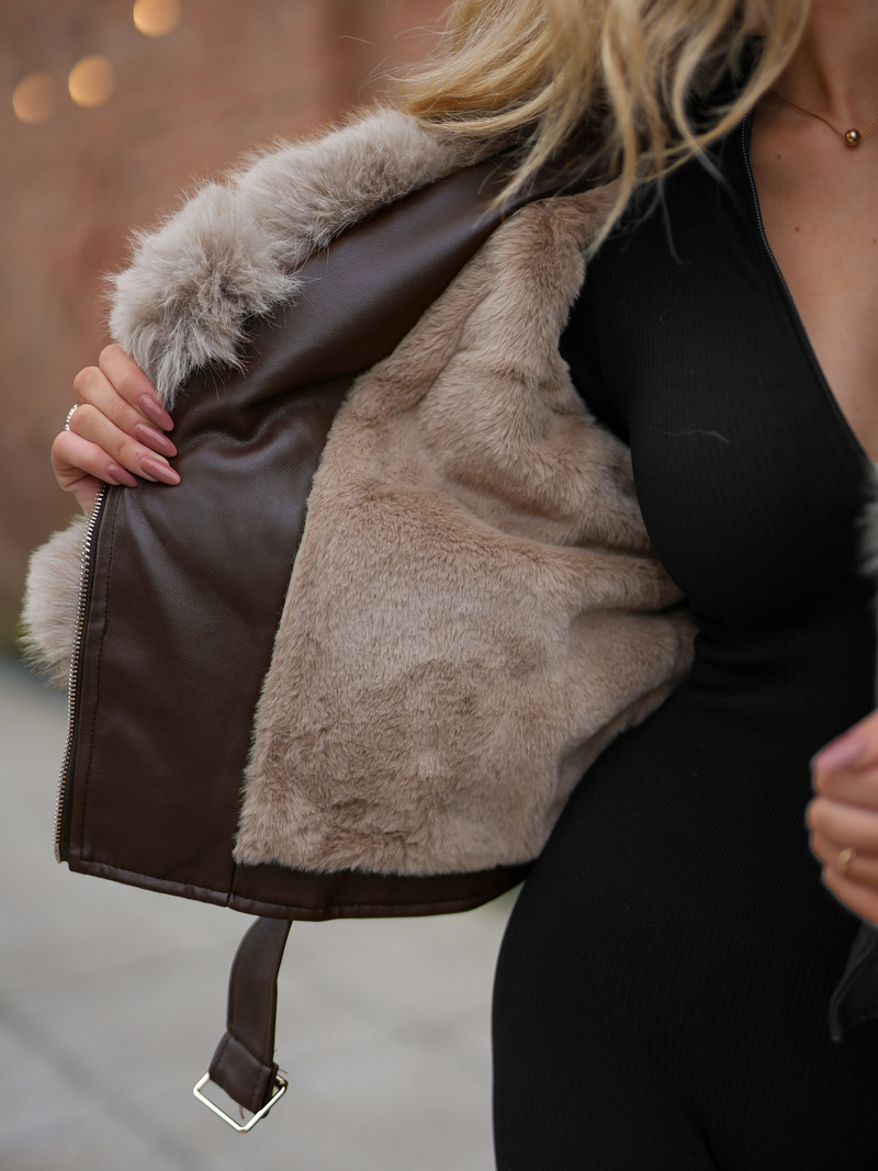 Ženska usnjena jakna čokolada OZONEE JS/61M8511/158